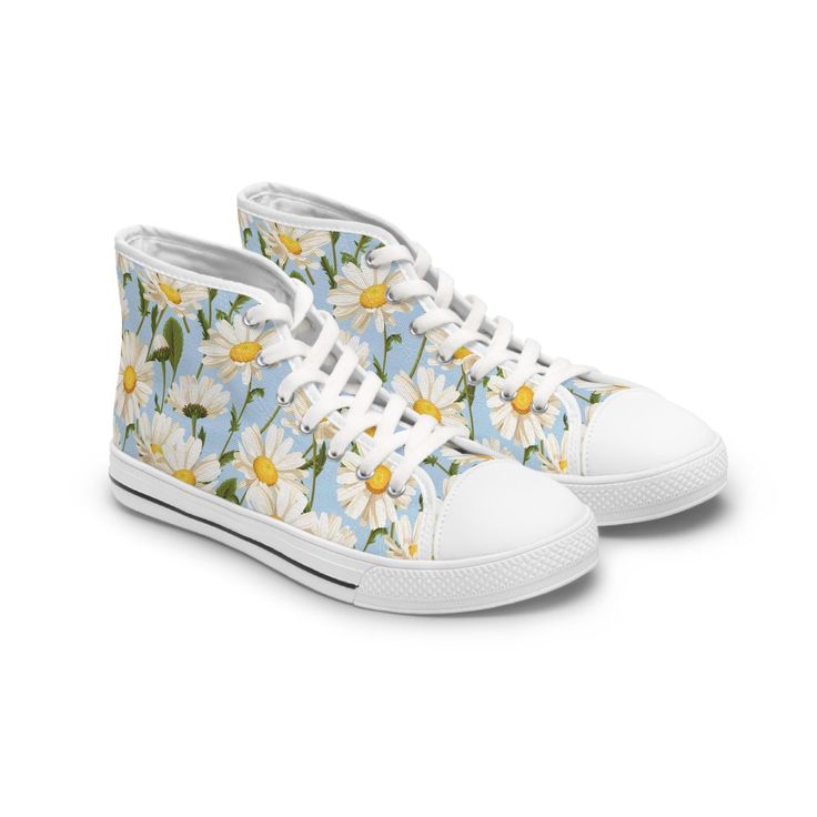 Daisy Floral Print High-Top Sneakers - Elevate your style with these colorful, versatile and stylish woman's shoes. Crafted with breathable polyester canvas and enhanced with hi-poly deodorant memory foam insoles, these women's high-top sneakers epitomize exceptional footwear. Available with either black or white soles and laces, they feature elegant silver metal eyelets and a secure lace-up closure. Customize your designs to create a unique, bespoke fashion statement. Breathable polyester canvas with PU leather accents Hi-poly deodorant memory foam insoles EVA shock-absorbing insole Full wraparound print (left side, right side, tongue) Durable rubber outsole Choice of black or white detailing Bespoke Fashion, Shoe Art, On Sneakers, Large Flowers, Shoes Trainers, Elevate Your Style, Womens Shoes Sneakers, Stylish Women, High Top