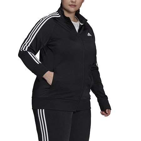 For a jacket that is both stylish and functional, try this Essentials warm-up tricot slim 3-stripes track jacket from adidas' women's plus collection. It's made from lightweight recycled fabric and features a classic-fit, mock neck, side pockets, and a zipper closure. Complete the look with a matching pair of track pants and sneakers. Closure Type: ZipperFit: Classic FitNeckline: Mock NeckPockets: 2 Side Slip PocketsSleeve Length: Long SleeveWarmth Factor: LightweightOuterwear Length: MidFiber C Adidas Athleisure Track Jacket For Sports, Adidas Moisture-wicking Track Jacket, Adidas Long Sleeve Activewear For Training, Adidas Moisture-wicking Sportswear Track Jacket, Adidas Sporty Track Jacket For Training, Sportswear Track Jacket With Side Stripes For Sports, Adidas Fitted Long Sleeve Activewear, Athleisure Outerwear With Side Stripes For Sports, Adidas Training Track Jacket