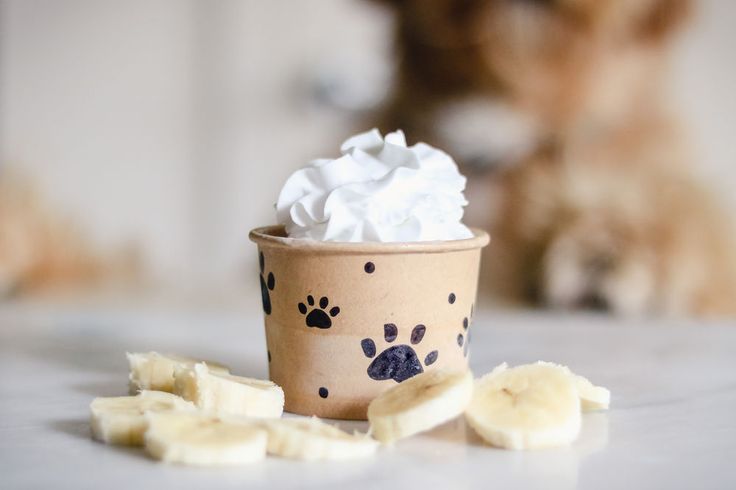 a cup filled with whipped cream and banana slices on top of a table next to a dog