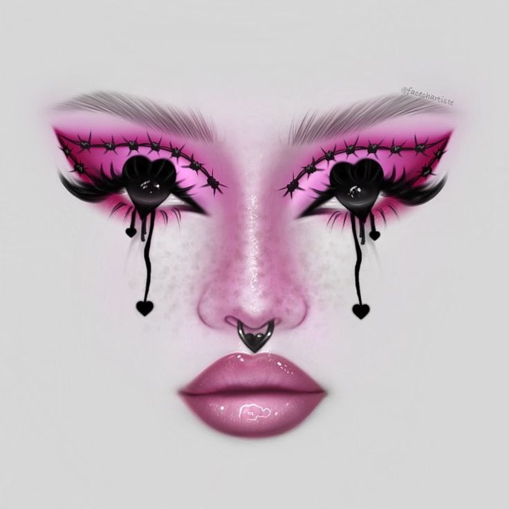 Pink Makeup Looks Creative, Pink Halloween Makeup Looks, Pink Halloween Makeup, Goth Makeup Ideas Drawing, Goth Pink Makeup, Halloween Beauty Makeup, Pink Goth Makeup Ideas, Pink Goth Eye Makeup, Pink Drag Eye Makeup