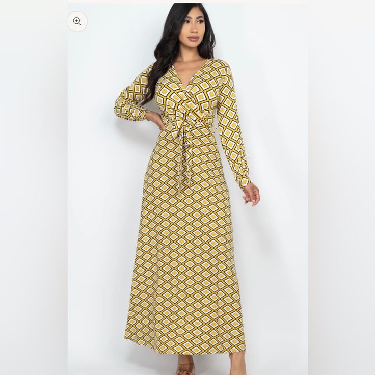 New With Tag Capella Groovy Retro Printed Surplice Maxi Dress V- Neck Long Sleeve Stretchy Material “Feels “Like Soft Cotton Geometric Mustard Yellow / White Size Small Retro Bohemian Hippie Comfortable Bbox P Yellow Maxi Dress For Vacation, Yellow Non-stretch Casual Maxi Dress, Casual Yellow Non-stretch Maxi Dress, Casual Non-stretch Yellow Maxi Dress, Yellow Long Sleeve Dress For Fall, Trendy Long Sleeve Maxi Dress For Day Out, Casual Yellow Long Sleeve Maxi Dress, Yellow Non-stretch Long Sleeve Dress, Yellow Maxi Dress For Fall