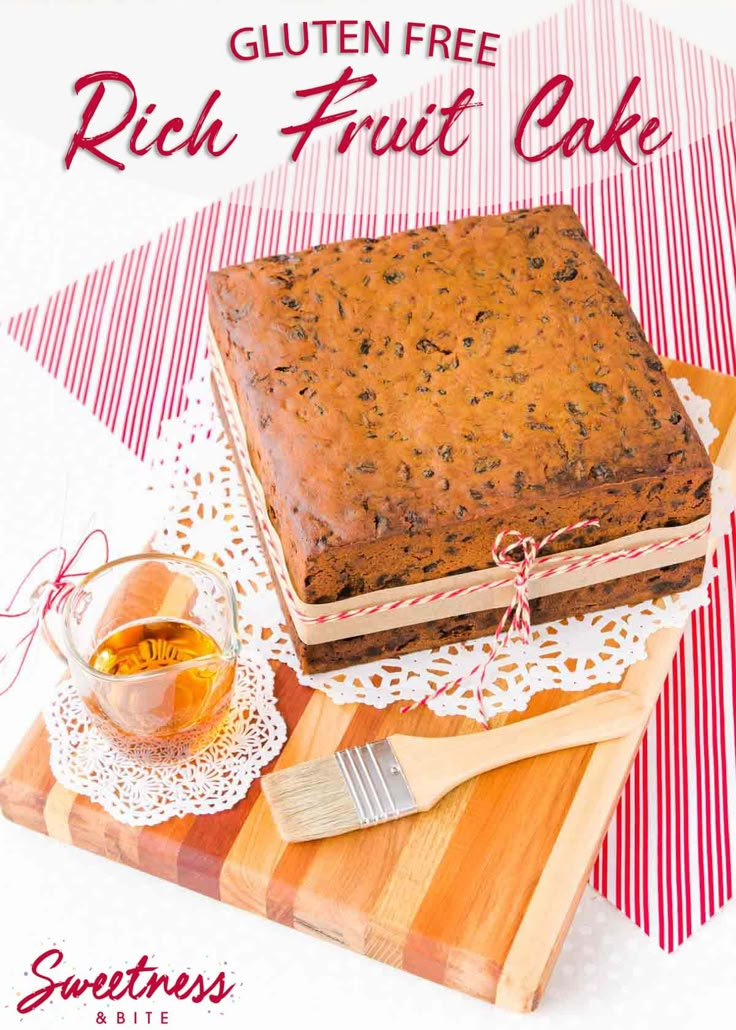 an advertisement for a gluten free fruit cake