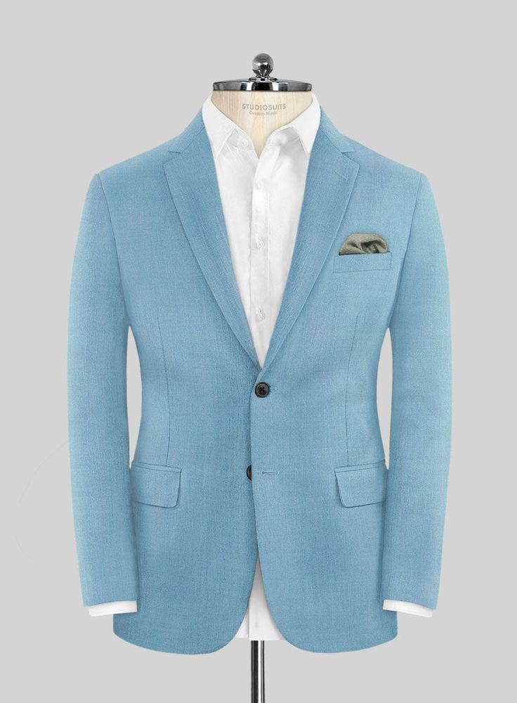 Give yourself a modish look with our Marco Stretch Pastel Blue Wool Suit. Meticulously fashioned from a wool blend, it boasts a delightful amount of stretch for that added touch of freedom. The pastel blue hue with a solid pattern offers a refreshing twist without veering into overly bold territory. Whether you're turning heads at a social gathering or aiming to infuse a dash of personality into your everyday style, this suit effortlessly takes center stage as your go-to chic upgrade.   Look Inc Elegant Cotton Suits For Winter, Fitted Wool Suit In Solid Color, Fitted Solid Wool Suit, Spring Wool Suits With Welt Pockets, Light Blue Long Sleeve Suits For Spring, Light Blue Long Sleeve Suit For Spring, Tailored Blue Wool Suit, Blue Wool Suits For Workwear, Blue Wool Suits For Work