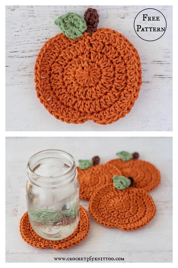 crocheted pumpkin coasters are shown in two different ways