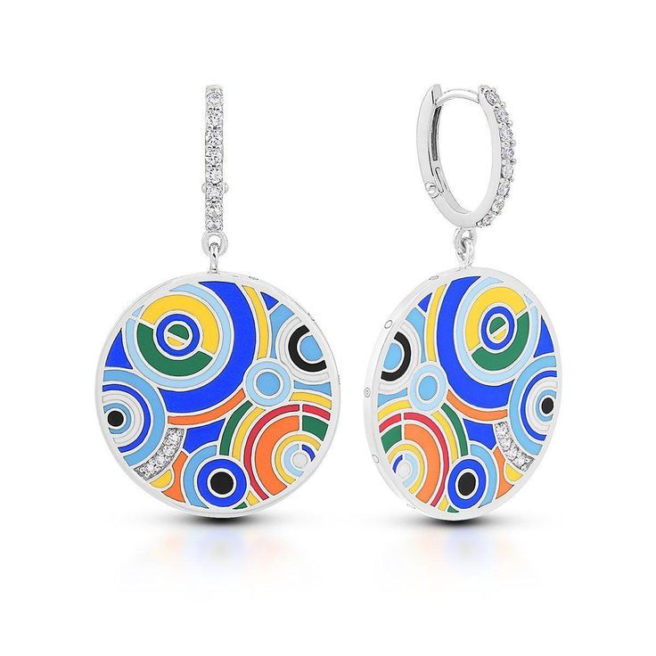 Inspired by its namesake, the Emanation Collection features colorful orbs of hand-painted Italian enamel radiating in an awe-inspiring pattern. Shimmering circles of pavé-set sterling silver create sources of light. Be radiant with the Emanation Collection. Description: Hand-painted multi-colored Italian enamel with white stones set into rhodium-plated, nickel allergy-free, 925 sterling silver. VE-17020-01 VE-17020-02 Dimensions: 24.5mm width by 43mm height Multicolor Jewelry With Matching Round Earrings, Artistic Multicolor Jewelry With Abstract Design, Artistic Multicolor Abstract Jewelry, Blue Jewelry For Art Collection, Artistic Multicolor Abstract Design Jewelry, Multicolor Polished Round Jewelry, Multicolor Round Jewelry With Polished Finish, Round Multi-stone Enamel Jewelry, Fusion Style Jewelry With Artistic Design