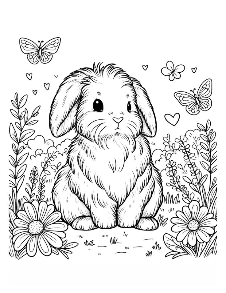 a cute bunny sitting in the grass surrounded by flowers and butterflies, coloring pages for adults