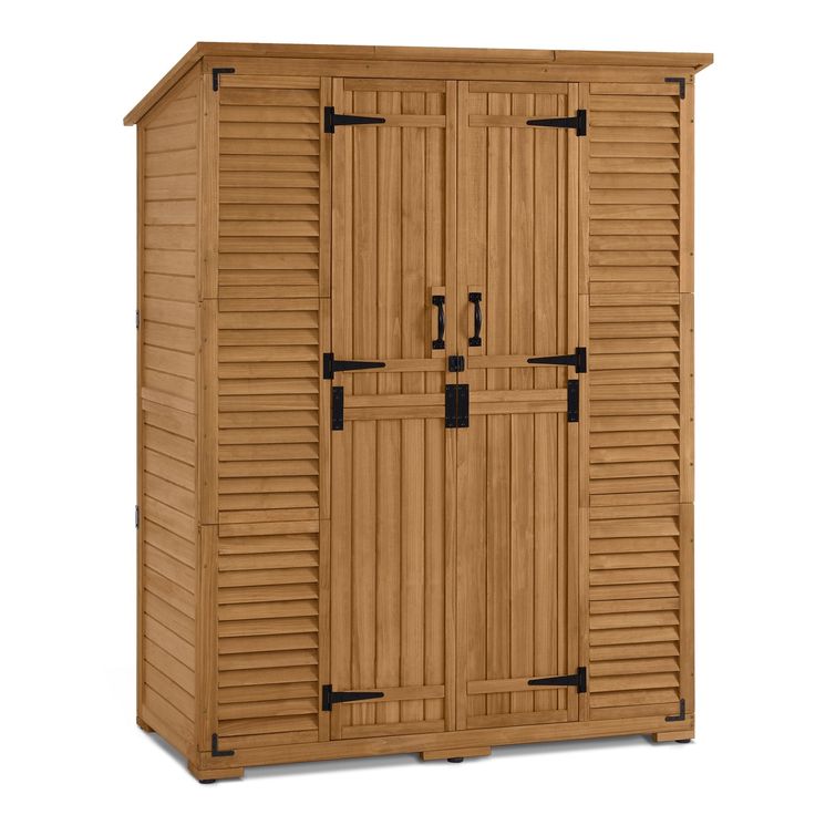 a large wooden storage cabinet with shutters on the front and side doors, in brown