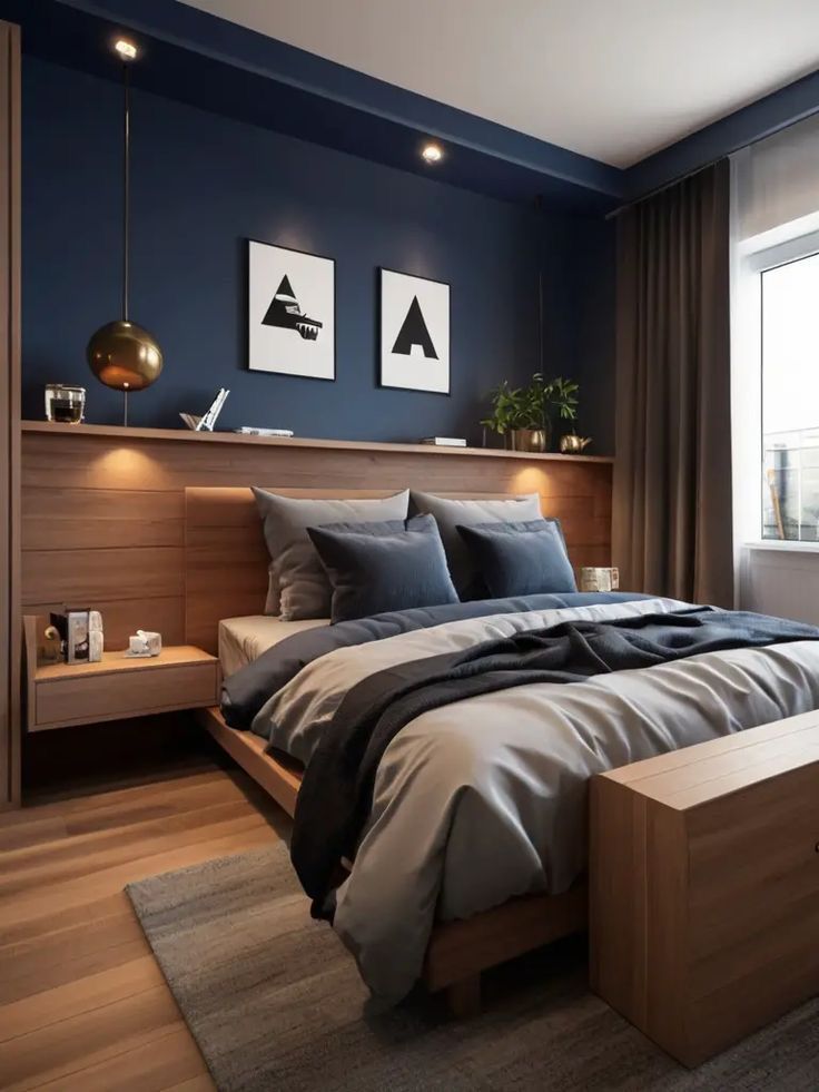 a bedroom with blue walls and wooden furniture in the corner, along with a large bed