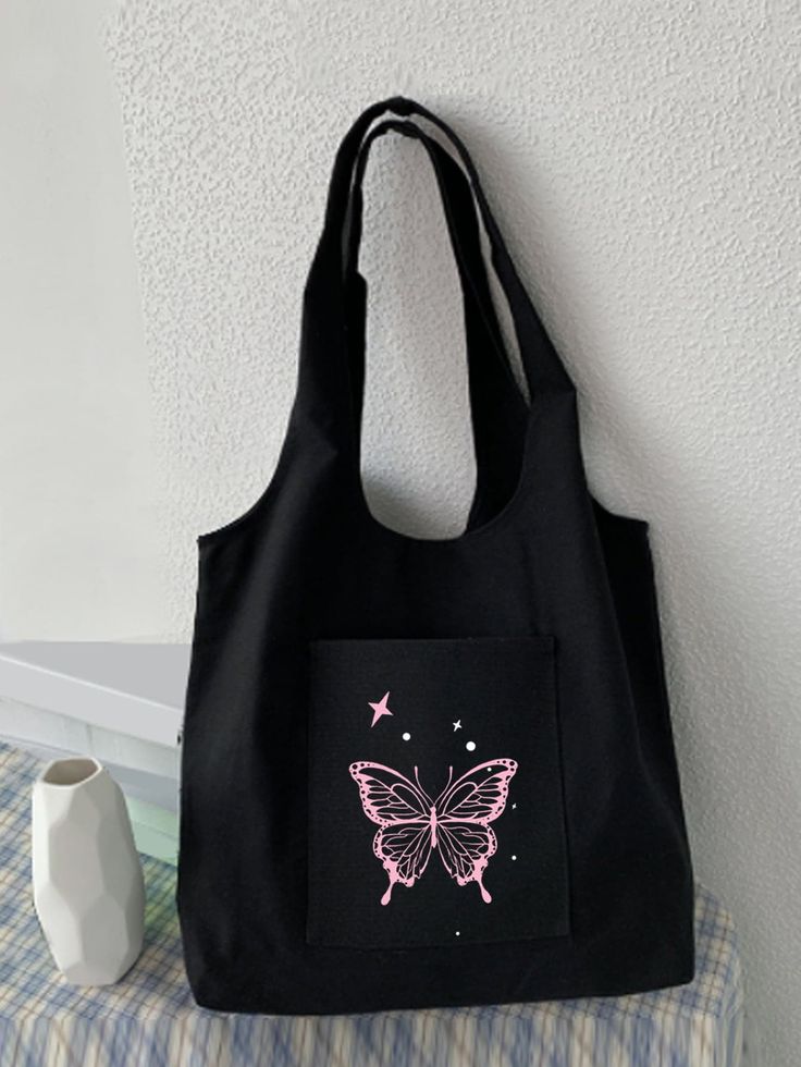 Black Casual Collar  Polyester Letter Shopper Bag Embellished   Women Bags Black Preppy, Canvas Shopper Bag, Y2k Shoulder Bag, Beg Tangan, Butterfly Bags, Letter Bag, Handbag Patterns, Style Preppy, Tote Pattern