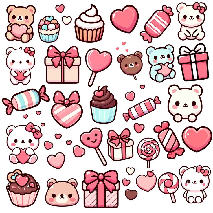 a bunch of different kinds of items in the shape of hearts, bears and cupcakes