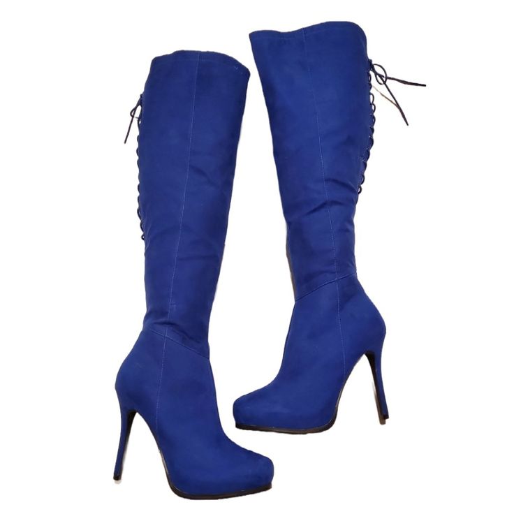 Royal Blue Stiletto Platform Heel Boots Size 9.5 New Without Tags Side Zip Closure Back Lace-Up Detail Faux Suede Material Blue Lace-up Formal Boots, Blue Heeled Boots For Winter Party, Formal Fitted Blue Boots, Blue Pointed Toe Boots For Night Out, Blue High Heel Winter Boots, Blue High Heel Boots For Evening, Blue High Heel Boots For Winter, Chic Blue Knee-high Heeled Boots, Blue High Heeled Boots For Winter