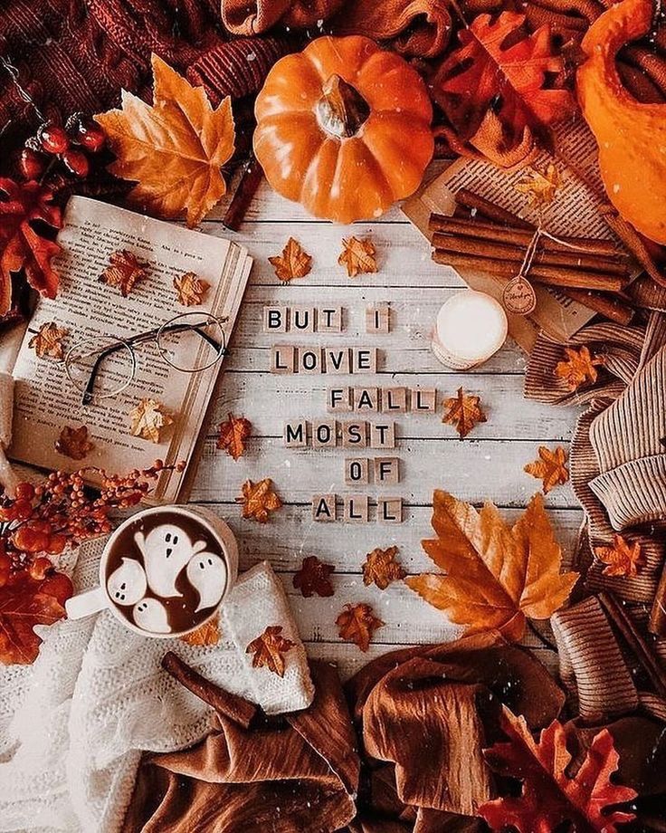 an autumn scene with pumpkins, leaves and books on the ground that read but it's liovie fragile most of all