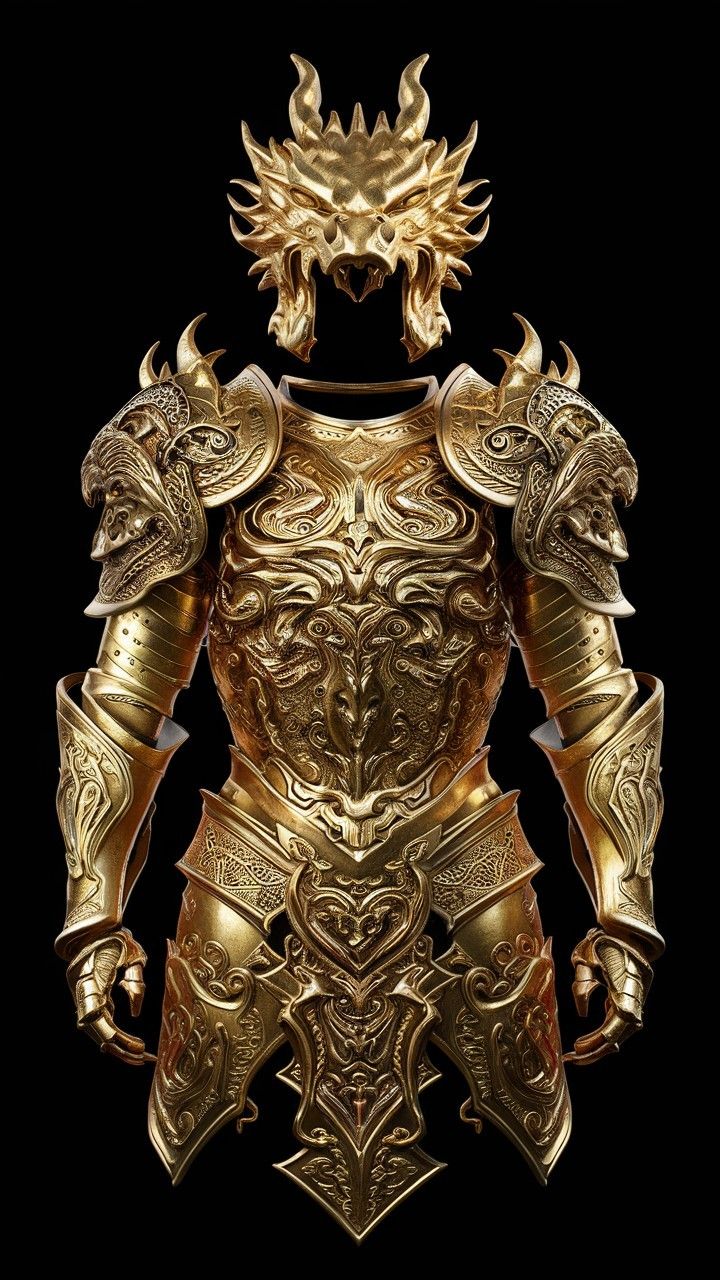 an elaborate gold armor with dragon heads on the chest and arms, is shown against a black background