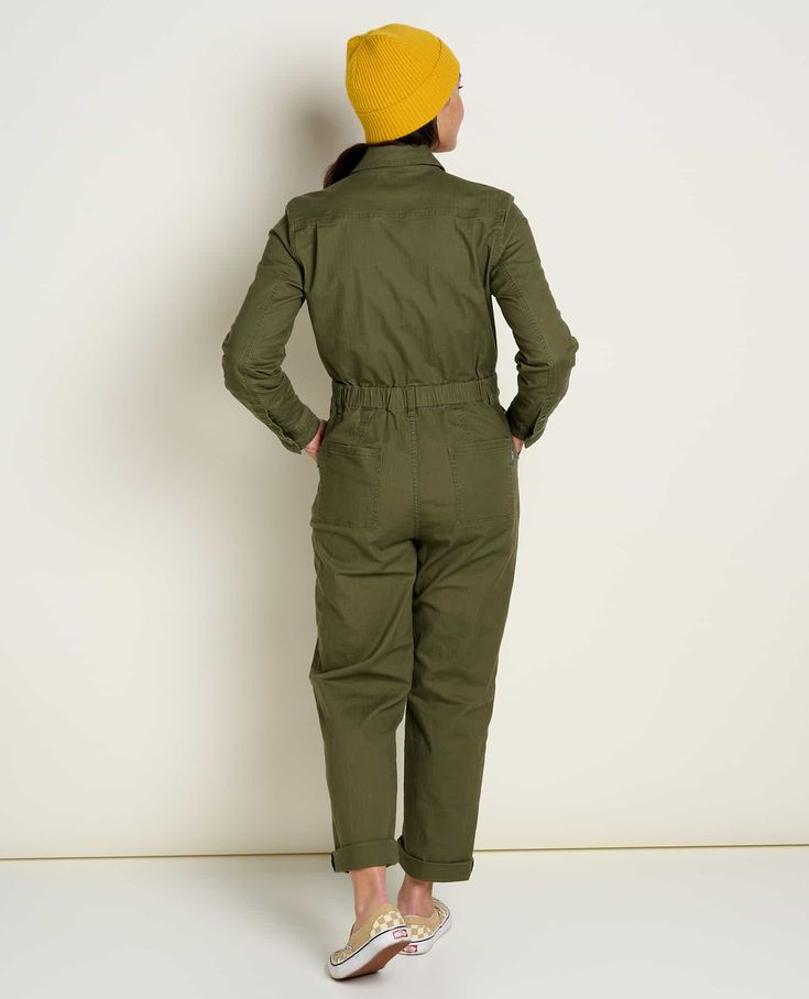 A coverall that covers it all. A zip front makes for easy on and off, and encased elastic at the back ensures a flattering fit for all. Dress it up or down and prepare for compliments.DetailsFit: Straight fit, camp collar, encased elastic back waistband, ankle length , 28" inseamFeel: Midweight, durable organic cotton herringbone with a bit of stretch for added comfortFeatures: Center front zipper, adjustable cuffs, and patched-on back pocketsFabric & CareFabric Name: Juniper Herringbone Twill98 Long Sleeve Overalls With Side Pockets For Fall, Cotton Overalls For Work, Cotton Overall Outerwear For Work, Fitted Long Sleeve Utility Overalls, Long Sleeve Overalls For Winter Workwear, Womens Size Chart, Toad, Sweater And Shorts, Shirt Sale