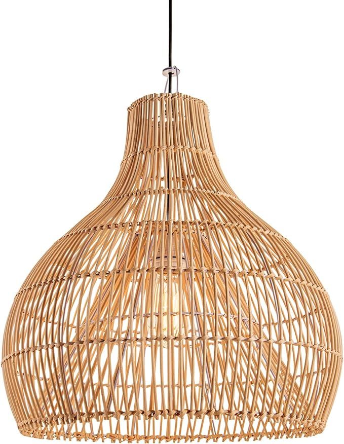 a light that is made out of wood and has a rattan pattern on it