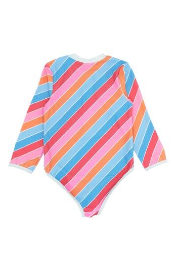 Little ones will love splashing around in this rainbow-striped rashguard swimsuit featuring built-in sun protection, four-way stretch and a zipper in back. UPF 50+ sun protection Moisture-wicking fabric engineered for dryness and comfort 85% polyester, 15% elastane Machine wash, line dry Imported Playful Blue Rash Guard For Pool, Blue Fitted Rash Guard For Playwear, Stretch Beachwear Swimwear For Playtime, Playful Blue Rash Guard For Playwear, Playful Stretch Swimwear For Playtime, Multicolor Spring Bodysuit For Playwear, Spring Multicolor Bodysuit For Playwear, Blue Rash Guard For Beach Season Playwear, Playful Rash Guard With Uv Protection For Playtime