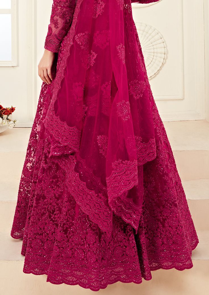 Magenta Pink Designer Heavy Embroidered Bridal Lehenga-Saira's Boutique Designer Lace Fitted Choli, Designer Bollywood Lace Choli, Designer Bollywood-style Lace Choli, Lace Saree Set With Pallu For Reception, Designer Lace Lehenga For Diwali, Designer Lace Sharara Semi-stitched, Lace Sets With Pallu For Reception, Lace Reception Set With Pallu, Designer Lace Fitted Sharara