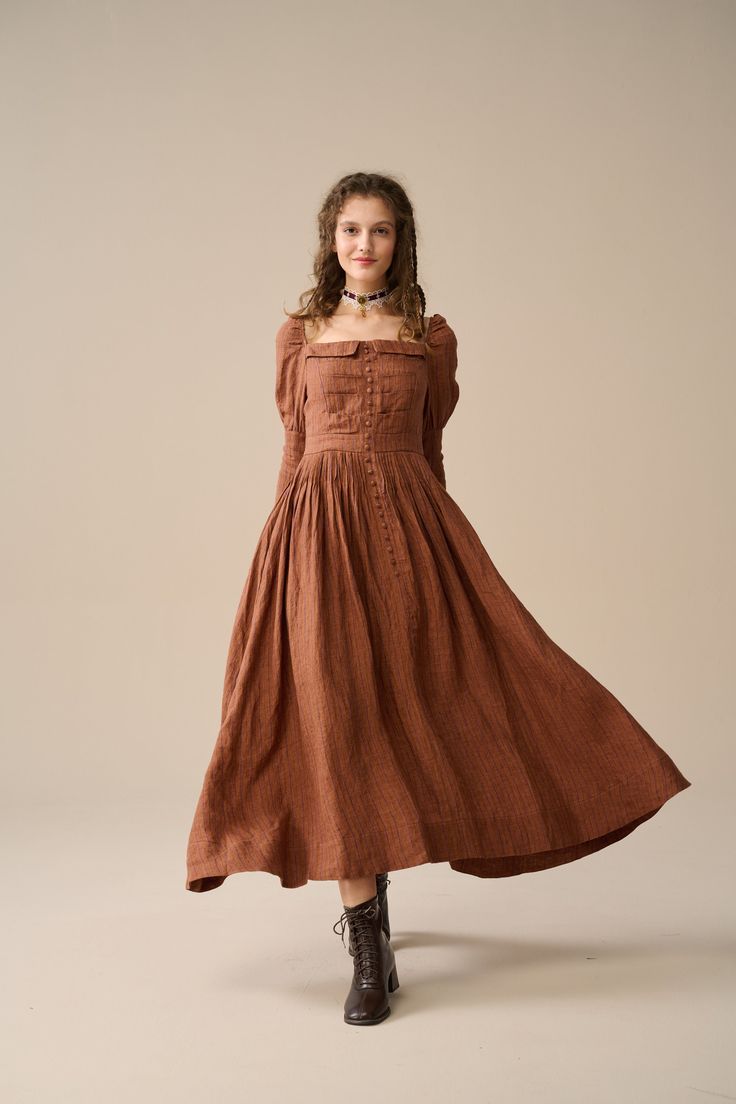 There's always effortless elegance in this long sleeve linen dress!  This dress features a victorian era-inspired flared silhouette for a laid-back feel. Cute pleating with lace-up sleeves adds just the right amount of glamour without being too over the top. The perfect party dress! Such a romantic, feminine feel. impress yourself with this outfit and you are sure to stand out. 【Fabric】                                                                                                      100% Line Brown Victorian Dress, Fitted Spring Dress In Dark Academia Style, Fitted Dark Academia Dresses For Spring, Long Sleeve Dark Academia Dresses For Fall, Dark Academia Fitted Dresses For Spring, Dark Academia Long Sleeve Dresses For Fall, Fitted Long Sleeve Linen Prairie Dress, Cotton Victorian Dress With Long Sleeves In Cottagecore Style, Regency Style Long Sleeve Dresses For Fall