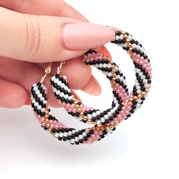 Handmade Pink Hoop Earrings Gift, Pink Small Hoop Beaded Earrings As Gift, Handmade Pink Hoop Earrings, Trendy Pink Beaded Earrings With Round Beads, Handmade Pink Hoop Jewelry, Trendy Pink Hoop Earrings With Round Beads, Trendy Pink Beaded Earrings, Pink Hoop Beaded Earrings, Trendy Handmade Hoop Beaded Earrings