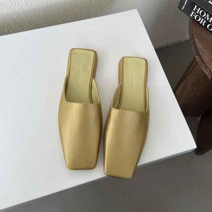 LBSFY - Square Toe Mules Slippers Women 2024 Spring New Golden Fashion Slip On Shoes Ladies OL Flat Heel Outdoor Sandal Slides Mujer Spring Party Flats With Square Toe, Gold Flat Mules For Spring, Gold Pointed Toe Flats For Summer, Gold Round Toe Mules For Spring, Mules Slippers, Golden Fashion, Sandal Slides, Outdoor Sandals, Slippers Women