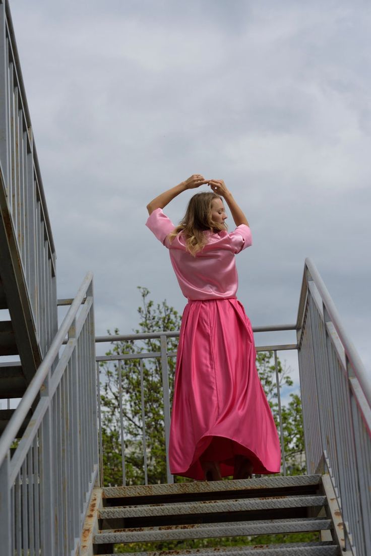 Villanelle Pink Skirt/ Pink Satin Skirt/ Pink Pleated Skirt/ | Etsy Pleated Flowy Draped Skirt For Party, Flowy Pleated Draped Skirt For Party, Pleated Draped Skirt With Flowy Fit For Party, Summer Evening Skirt With Pleated Waist, Chic Pink Voluminous Maxi Skirt, Chic Voluminous Pink Maxi Skirt, Pink Skirt For Summer Evenings, Pink Midi Skirt For Evening, Pink Evening Skirt For Summer