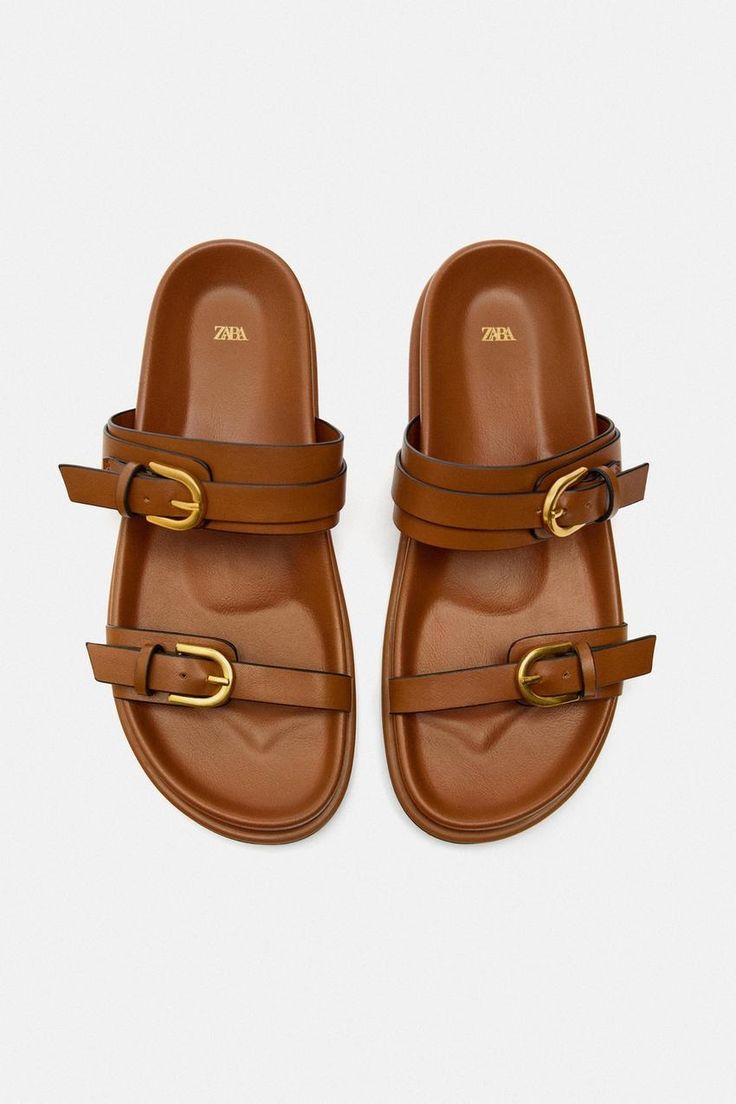 BUCKLED SANDALS - Brown | ZARA United States Jeans Blazer, Zara Sandals, Pretty Sandals, Double Strap Sandals, Slider Sandals, Buckle Sandals, Skorts, Shoe Game, Sandals Summer