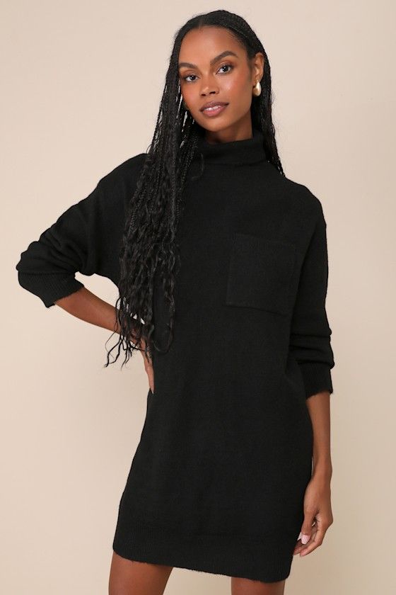 Prepare to be the cutest (and warmest) babe of the season in the Lulus Positively Charming Black Turtleneck Mini Sweater Dress! Soft brushed sweater knit shapes this cozy dress that features a chic turtleneck framed by long sleeves with drop shoulders. The relaxed, shift silhouette boasts a front patch pocket before it falls to a cute mini hem that pairs perfectly with your favorite knee-high boots. Ribbed knit accents the neckline, cuffs, and hem. Fit: This garment fits true to size. Length: Mi Chic Long Sleeve Sweater Dress For Layering, Cozy Long Sleeve Soft Knit Dress, Soft Knit Dresses For Fall, Cozy Soft Knit Long Sleeve Dress, Soft Knit Fall Dresses, Chic Crew Neck Sweater Dress For Fall, Chic Fall Sweater Dress With Crew Neck, Chic Oversized Knit Sweater Dress, Crew Neck Sweater Dress For Fall Loungewear