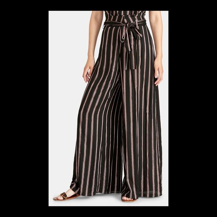 Rachel Roy Womens Black And Copper Striped Belted Wide Leg Pants Size 6 Nwt Brand: Rachel Roy Condition: New W/ Tags Size: 6 Color: Black W/ Copper Stripes Waist (Across Unstretched): 15" Hips (Across Unstretched): 18" Inseam (Crotch To Bottom Hem): 29" Leg Opening (Across Unstretched): 15" Materials: 95% Viscose - 5% Metallic Specialty: Belted - Looks Like Has Adjustable Waist Because Two Snap Areas... Measurements Above Taken With Largest Waist Area Available Snap-Wise... Stretch Wide Leg Black Pants For Day Out, Stretch Black Wide Leg Pants For Day Out, Black Full-length Pants For Vacation, Black Full Length Bottoms For Vacation, Fitted Black Pants For Vacation, Black Fitted Pants For Vacation, Chic Striped Full-length Bottoms, Chic Striped Full-length Pants, Striped Wide Leg Pants For Night Out