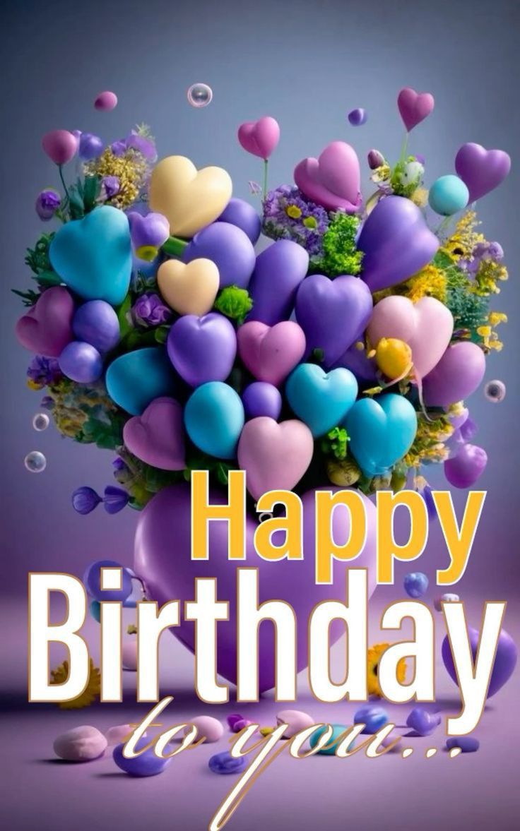 a happy birthday card with hearts and flowers in the center, on a purple background