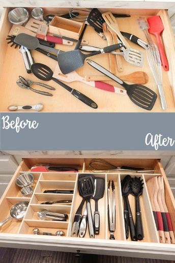 an open drawer with utensils and spoons in it, before and after