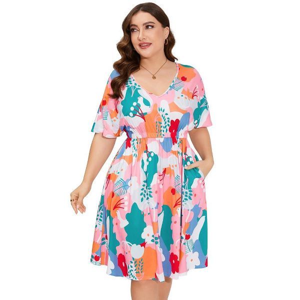 Whizmax Women's Plus Size Midi Dress Summer Floral Print Ruffle Flowy Dress : Target Flowy V-neck Dress With Short Sleeves For Spring, Casual Short Sleeve V-neck Dress For Summer, Pink Short Sleeve V-neck Dress For Beach, Multicolor Short Sleeve V-neck Dress For Vacation, Pink Short Sleeve V-neck Dress For Vacation, Bohemian Multicolor V-neck Dress With Short Sleeves, V-neck Short Sleeve Summer Dress For Vacation, Summer V-neck Short Sleeve Dress For Beach, Summer V-neck Short Sleeve Dress For Spring