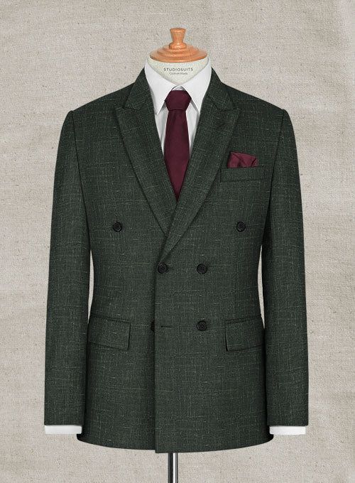 Looking for a suit that will make you feel sharp, polished and sophisticated, then you should go for our Italian Murano Bottle Green Wool Linen Double Breasted Suit. Crafted from a premium blend of wool, linen and silk, the texture on the green hue makes the suit especially versatile as well as will raise your interest level. 
 
 Look Includes  Italian Murano Bottle Green Wool Linen Fabric  Double Breasted Jacket Style  Peak Lapel  Horn Royal Black Buttons  Single Vent  Three Cuff Buttons  Two w Grey Wool Suit, Blue Linen Shirt, Brown Corduroy Jacket, Cashmere Jacket, Tuxedo Shirts, Tweed Suits, Custom Suit, Peak Lapel, Linen Suit