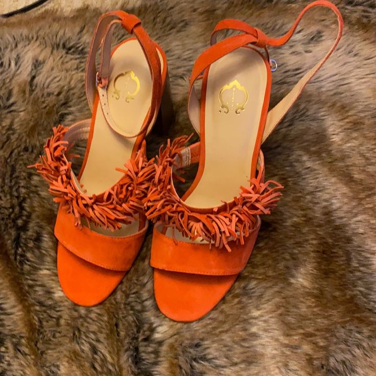 New Never Worn Chic Orange Sandals For Spring, Chic Orange Wedge Heels, Chic Orange Low Heel Heels, Chic Orange Low Heels, Elegant Orange Heels For Spring, Spring Orange Heels With 4-inch Heel, Orange Spring Heels With 4-inch Heel, Orange 4-inch Heel Spring Heels, Shoes Orange