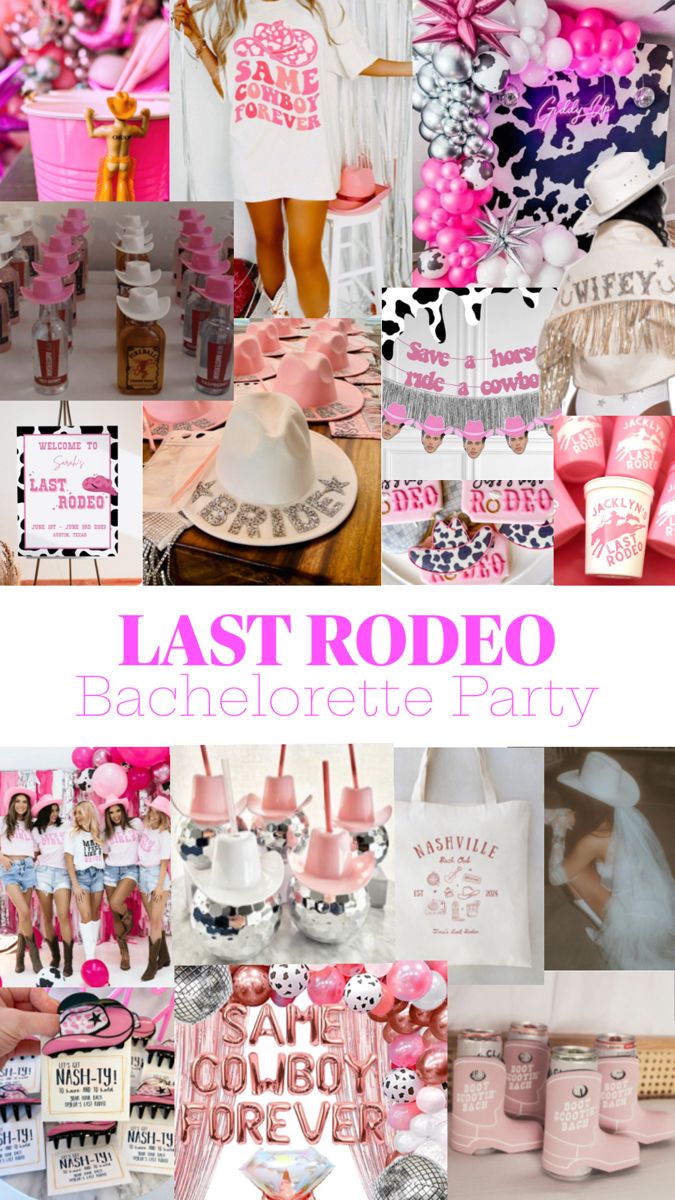 a collage of photos with pink and white items in the background, including hats, cake