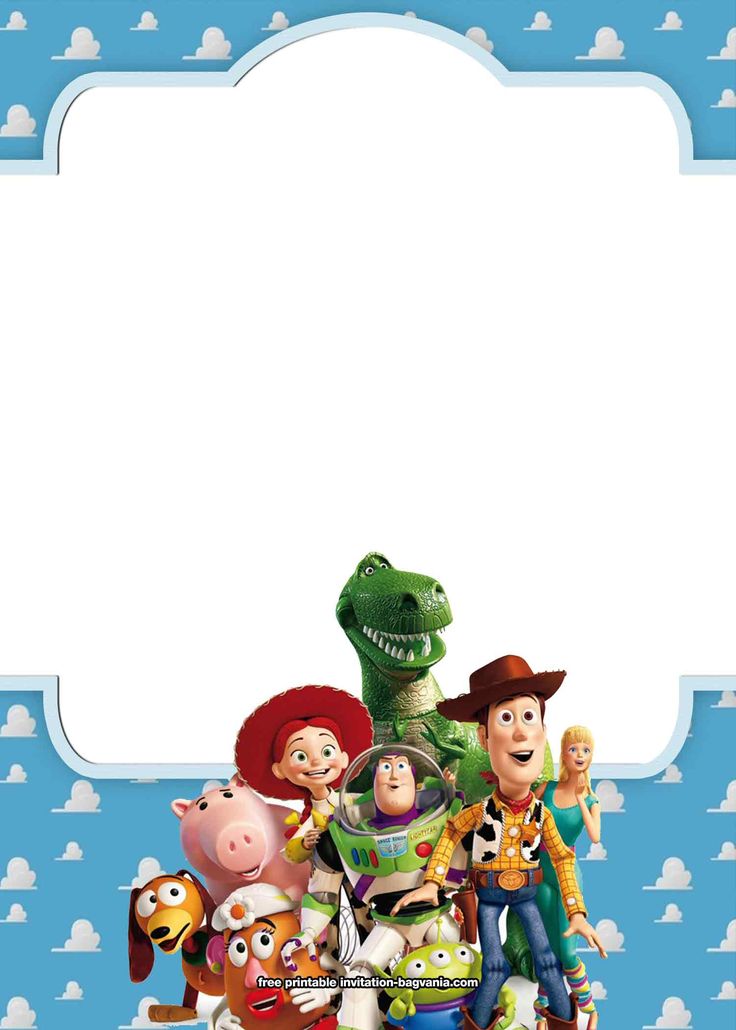 the characters from toy story are standing in front of an empty sign with clouds behind them