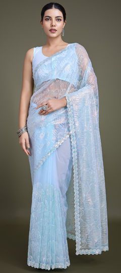 Blue color Saree in Net fabric with Embroidered, Sequence, Thread work Light Blue Saree With Dupatta For Reception, Light Blue Saree For Reception And Diwali, Light Blue Zari Work Saree For Reception, Light Blue Saree With Pallu For Reception, Blue Blouse Piece For Eid Party, Festive Light Blue Saree For Reception, Party Wear Blue Saree With Resham Embroidery, Blue Embroidered Fabric With Pallu For Party, Party Blue Saree With Resham Embroidery