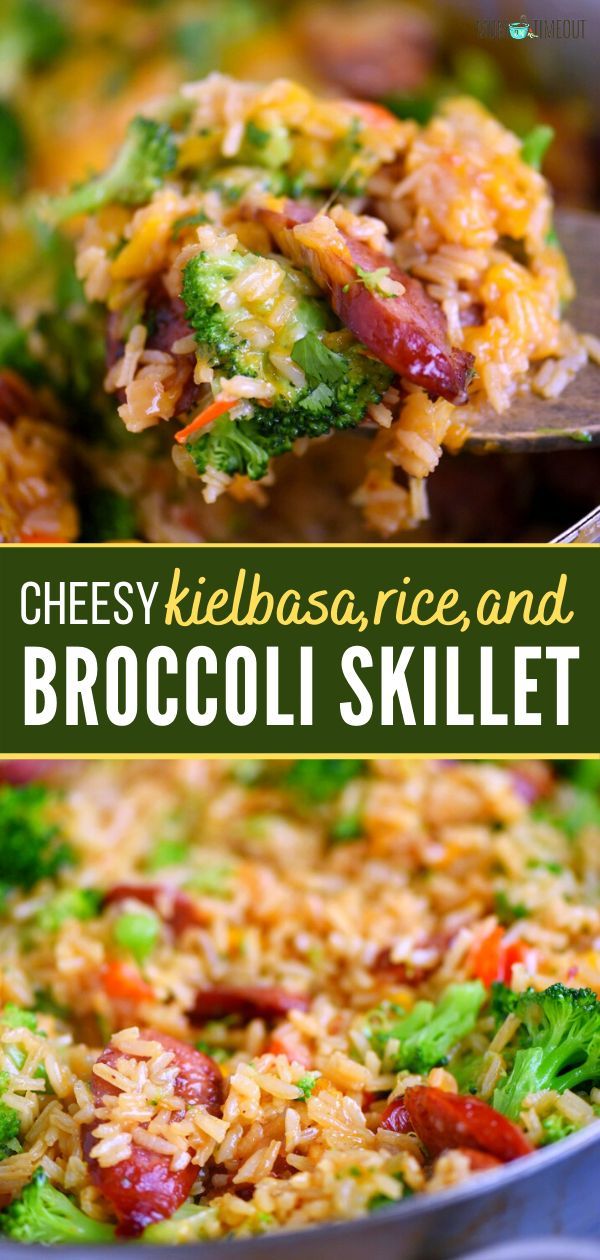 broccoli and rice skillet with text overlay