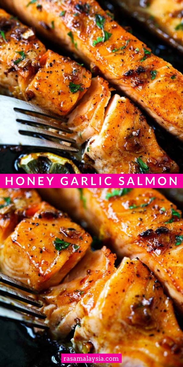 grilled salmon on a black plate with a pink text overlay that says honey garlic salmon