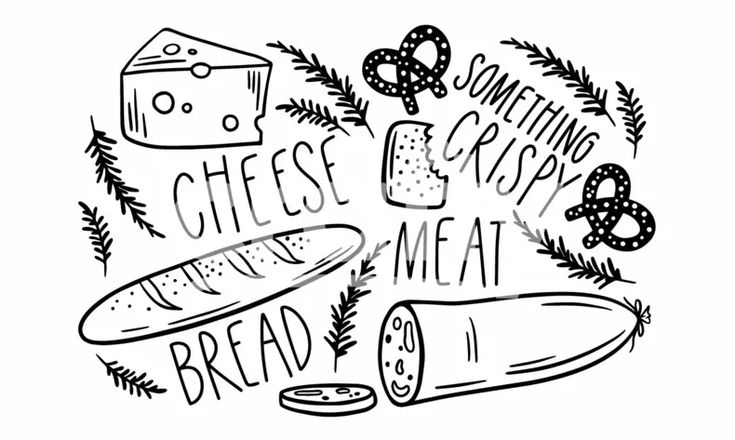 the words cheese and bread are drawn in black ink