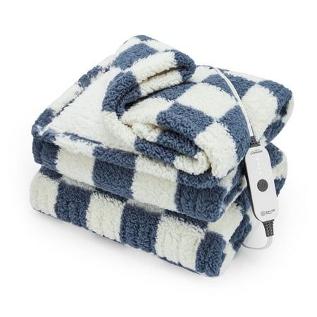 two blue and white checkered towels on top of each other with an electric outlet