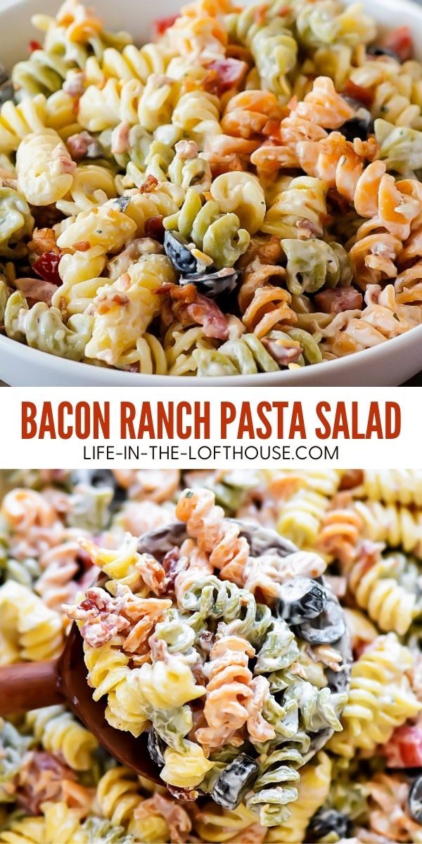 bacon ranch pasta salad in a white bowl