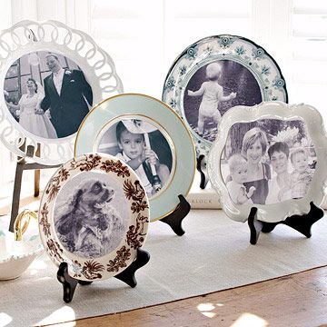 a table topped with plates covered in pictures