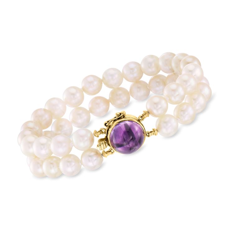 Ross-Simons - C. 1980 Vintage 7.5mm Cultured Pearl Two-Strand Bracelet, 6.25ct Amethyst. 7". C. 1980. When you envision the glamour of vintage jewelry, this style captures it all. Our Estate collection bracelet boasts two strands of luminous 7.5mm cultured pearls that culminate with a vibrant 6.25 carat round amethyst cabochon centerpiece. Finely crafted in polished 14kt yellow gold. Figure 8 safety. Box clasp, white pearl and amethyst bracelet. Exclusive, one-of-a-kind Estate Jewelry. Amethyst Timeless Round Purple Jewelry, Timeless Purple Round Jewelry, Timeless Amethyst Jewelry, White Amethyst Jewelry For Formal Occasions, Elegant Amethyst Bracelet, Purple Round Bracelets For Anniversary, Formal White Amethyst Jewelry, Classic Amethyst Cabochon Jewelry, Formal Round Amethyst Bracelets