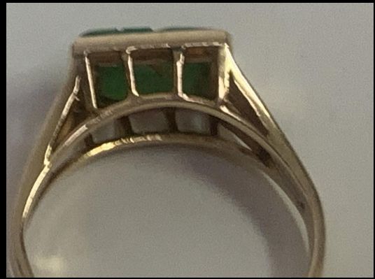 The jade is carved with a flower and is a bright emerald green with a stem and scroll., beautifully displayed in a raised gold cage, and bezel set in 14k yellow gold women's jewelry. Although antique, this jade ring has a contemporary look that complements today's tastes. Specifications: Metal: 14K Yellow Gold Style: Statement Ring Ring Size: 4 Gemstone Specifications: Center Gemstone: Jade Shape: RectangularColor: GreenCut: Cabochon Boxed - Only One Available Free shipping via USPS in 2 - 7 Day Antique Green Ring With 17 Jewels, Antique Emerald Cut Yellow Gold Emerald Ring, Antique Emerald Ring In Stamped 14k Yellow Gold, Elegant Green Intaglio Ring, Antique Green Emerald Cut Ring, Antique Green Emerald-cut Emerald Ring, Antique Green Emerald Cut Emerald Ring, Antique Emerald Cut Green Emerald Ring, Art Deco Round Green Emerald Ring