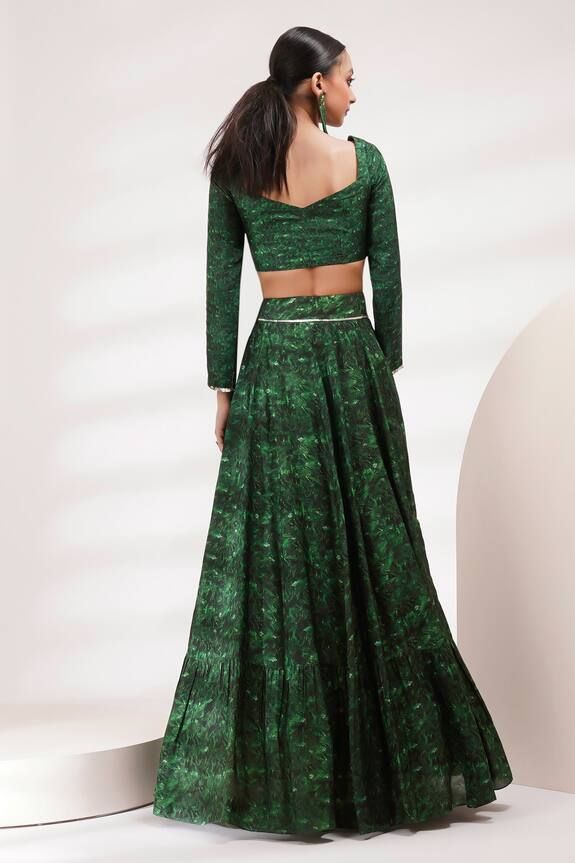 Green attached cancan lehenga with all over abstract prints. Paired with a padded, coordinating blouse and dupatta. - Aza Fashions Bollywood Style Party Anarkali Set With Digital Print, Digital Print Sharara For Party And Festivals, Festival Sharara With Digital Print For Parties, Anarkali Sharara With Digital Print For Party, Festive Party Lehenga With Printed Motifs, Unstitched Party Lehenga With Printed Motifs, Designer Fitted Anarkali Set With Digital Print, Semi-stitched Lehenga With Printed Motifs For Party, Unstitched Lehenga With Printed Motifs For Party