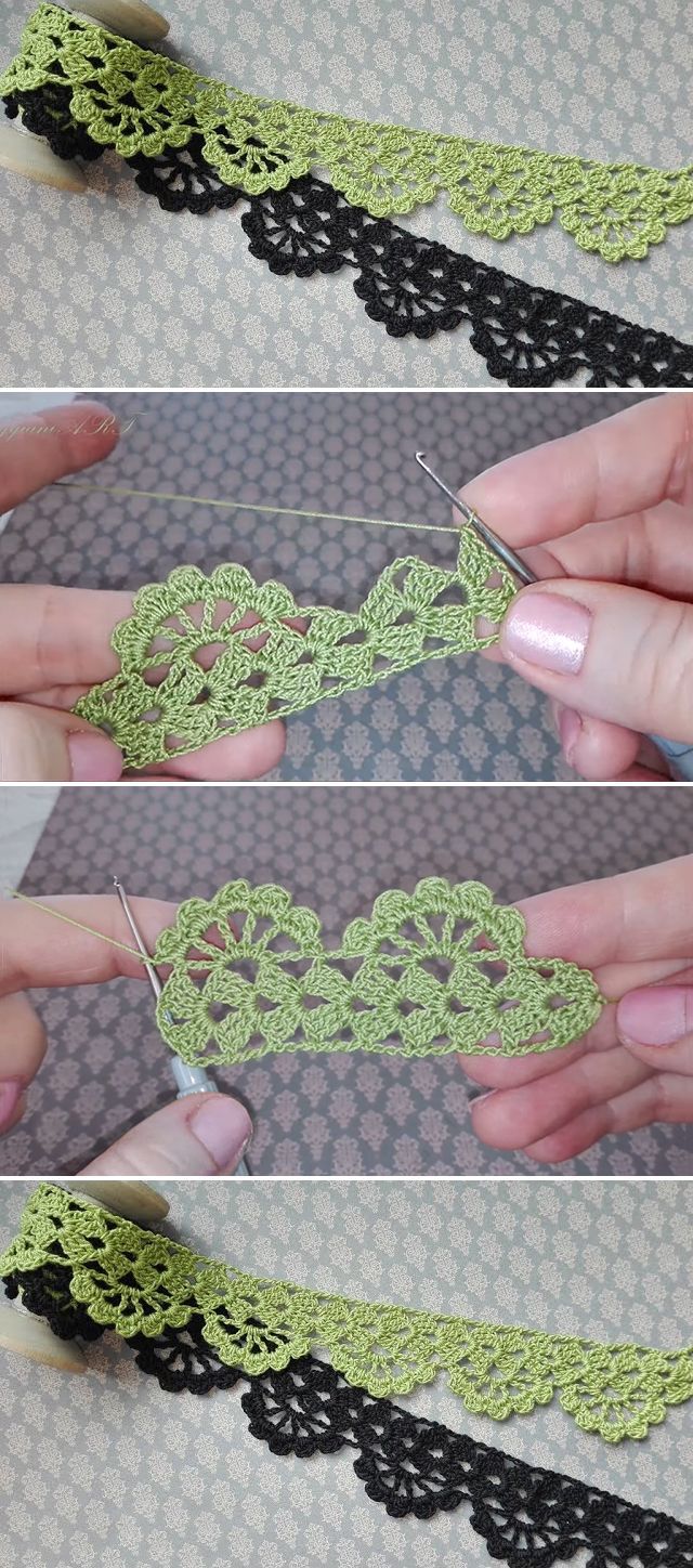 three pictures showing how to crochet the lace