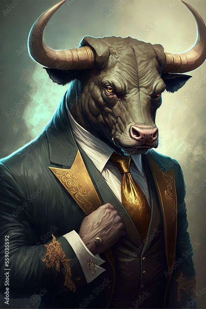 a bull in a suit and tie with horns on it's head, standing against a dark background