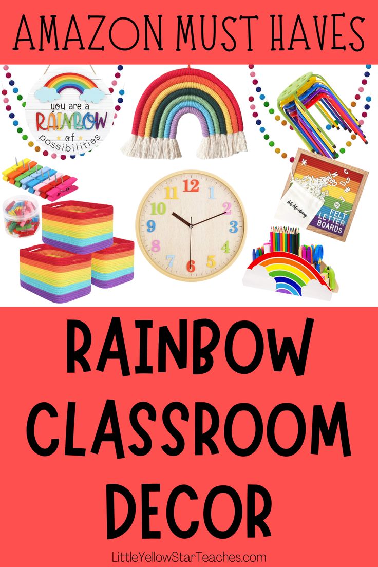 rainbow classroom decor with text overlay