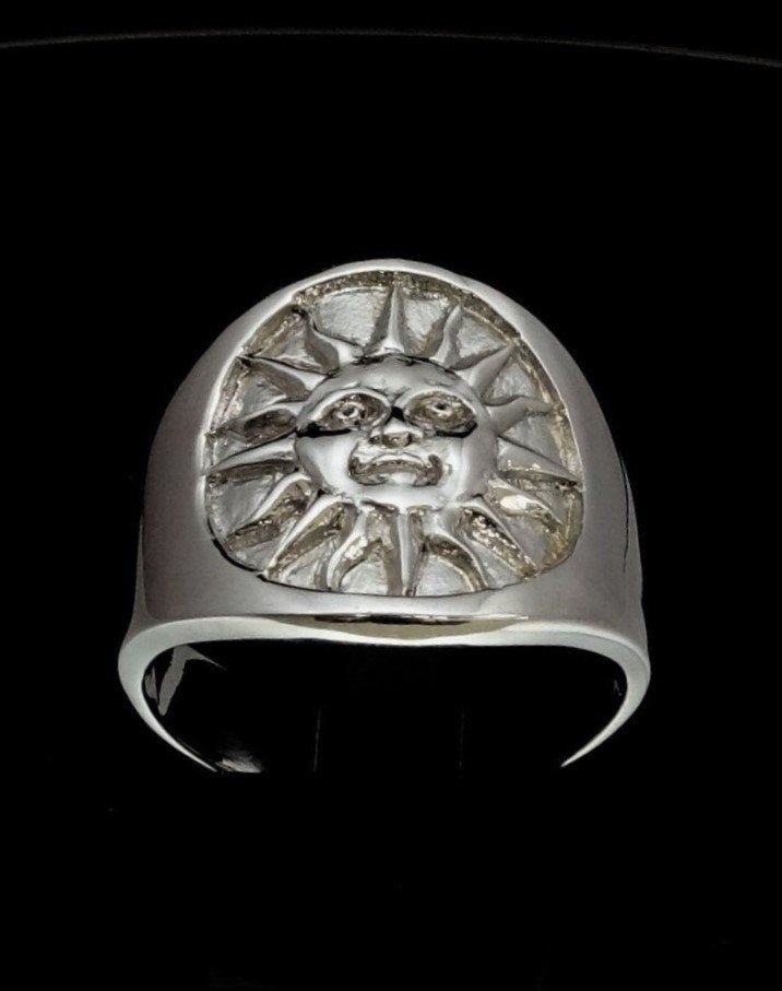 high quality Sterling silver ring high polished marked 925 design: Sterling silver Maya symbol ring Aztec Sun ancient Mexico dimension of the top: 20 mm wide along the finger average weight: 12 grams depending on the size Symbolic Silver Signet Ring Stamped 925, Symbolic Silver Rings With Polished Finish, Silver Symbolic Rings With Polished Finish, Silver Wide Band Signet Ring Hallmarked, Silver Symbolic Wide Band Rings, Aztec Sun, Ancient Mexico, Ancient Symbols, Mens Silver Rings