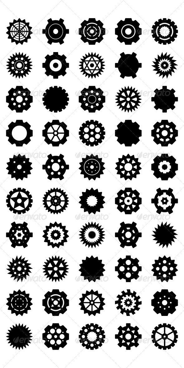 the silhouettes of gears and wheels are shown in black on a white background - miscellaneous objects